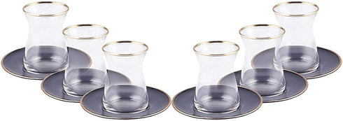 Set 6, 12-Piece Set Set KARACA Turkish Tea Glasses for Retro Anthracite Tea with Gold Trim, Traditional Turkish Tea