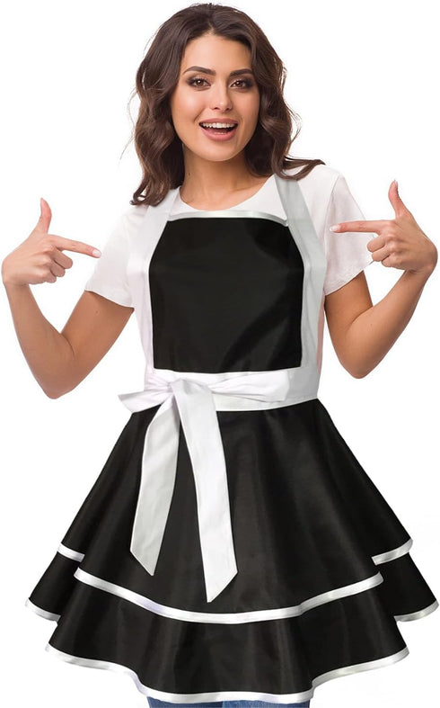 Violet Mist Retro Aprons for Women, Cute 50s Vintage Black Lady Apron, Adjustable Bid Waist Kitchen Gift
