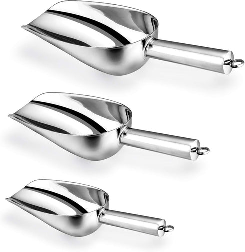 E-far Stainless Steel Ice Scoop Set, Ideal for Ice Cube/Coffee Bean/Food/Candy/Flour/Popcorn, Set of 3 (5-8-12 Ounce)