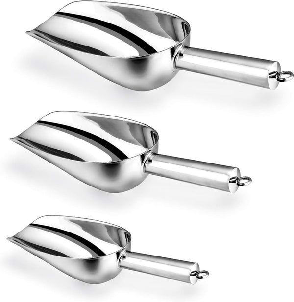 E-far Stainless Steel Ice Scoop Set, Ideal for Ice Cube/Coffee Bean/Food/Candy/Flour/Popcorn, Set of 3 (5-8-12 Ounce)