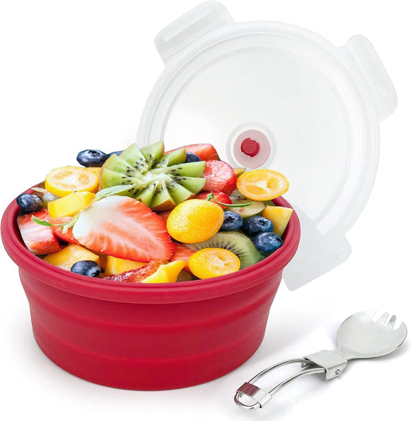 1200ml Large Camping Bowl with Foldable Spoon, Collapsible Bowl with Lid for Travel and Food Storage