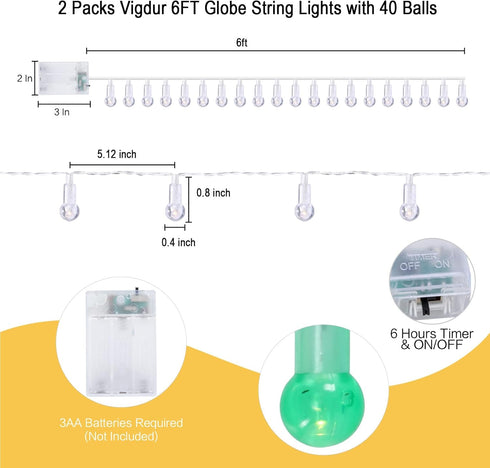 2 Packs 6Ft 20 Bulbs, Vigdur Globe String Lights - Decorative String Lights Battery Operated with Mini Bead Indoor