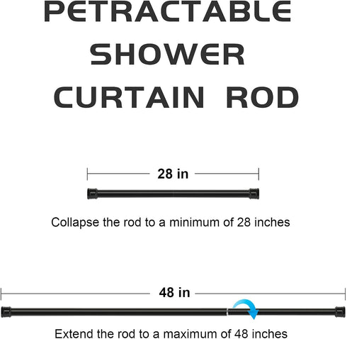 Shower Curtain Rod, 28-48 Inch Adjustable Tension Rods, 1" Diameter, No Drilling, Black
