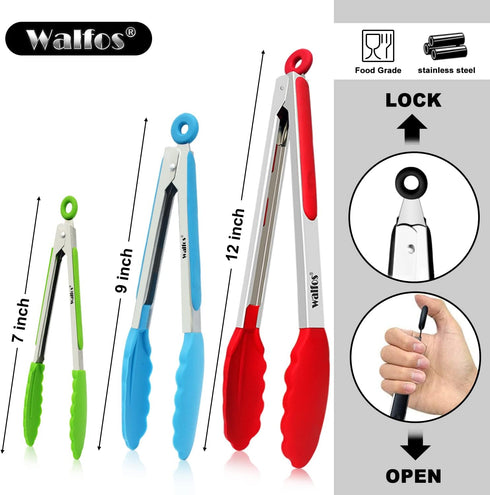 Walfos Silicone Tongs for Cooking, Heat Resistant Kitchen Tongs for Salad, Grilling, Stainless Steel and BPA Free