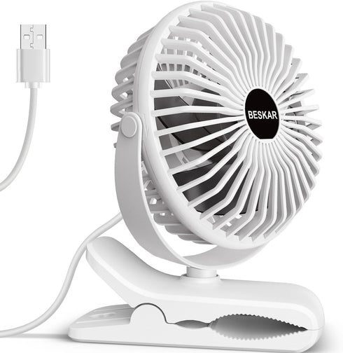 BESKAR Clip on Fan - 360° Rotation Quiet Stroller Fan with Strong Airflow, Portable Small Fan for Office, Bedroom