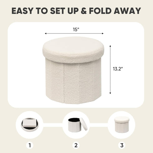 15"x15"x13.2" PINPLUS Round Storage Ottoman Cube Footrest - Versatile Boucle & Faux Teddy Fur Stool with Hidden