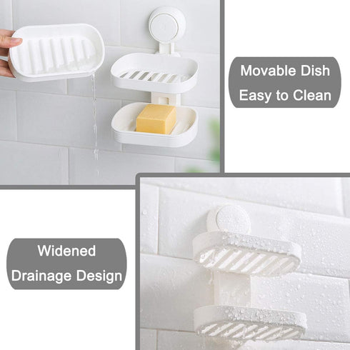 Double Layer Soap Dish Holder with Suction Cup, Wall Mounted Soap Tray for Bathroom Shower, Reusable, Removable,