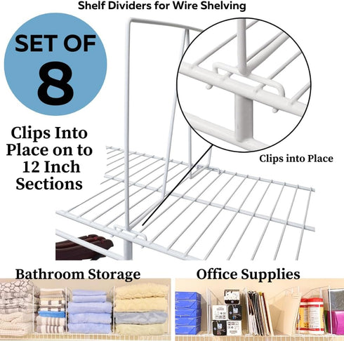 Evelots Wire Shelf Dividers - 8 Pack for Closet Storage & Organization - Easy Clip-No Tool - Solid Coated Steel