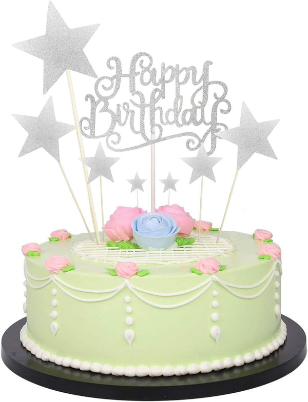 Allazone 1 PCS 'HAPPY BIRTHDAY' Cake Topper & 7 PCS Pentacle Stars Cake Toppers Decoration, Silver