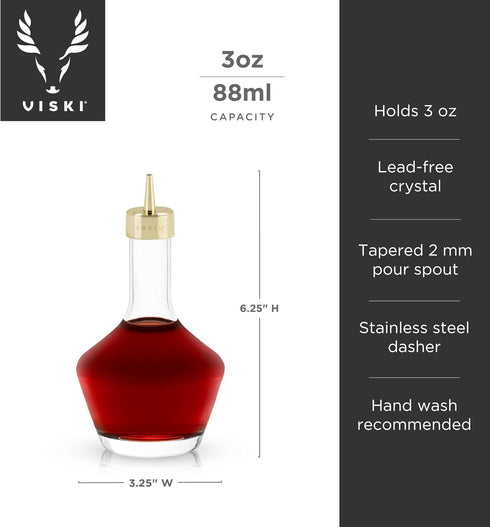 Viski Belmont Crystal Glass Cocktail Bitters Bottle with Gold Dasher Top, 3 oz. Set of 1, Elegant Barware