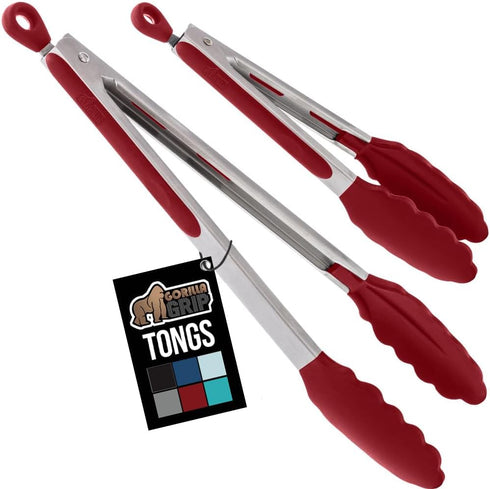 GORILLA GRIP Stainless Steel Kitchen Tongs - Heat Resistant Cooking Tongs Set of 2, 9 + 12 Inch, Non Scratch Silicone
