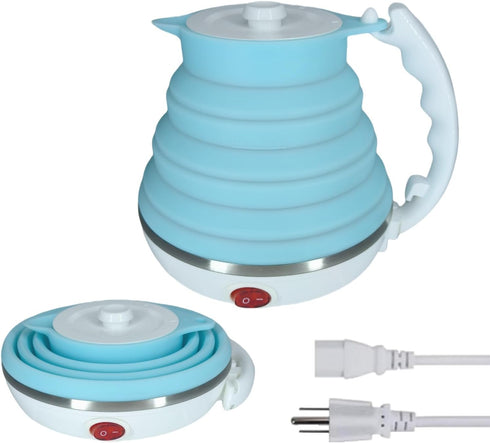 Travel Electric Kettle, Small Portable Collapsible Kettle, Food Grade Silicone, Auto Shut Off, 110V 555ml (Blue)
