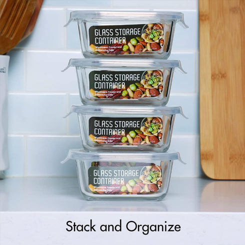 Square Glass Storage Container, Stackable BPA Free Airtight Seal Food Containers with Lids, 5"x5" x 2.5", 4 Pack, White