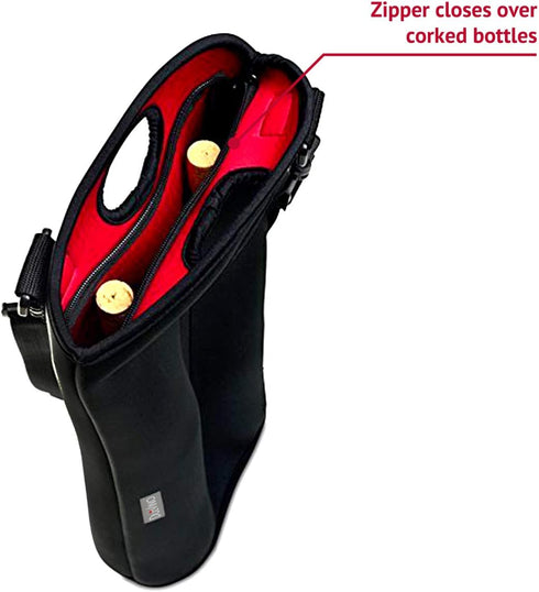 2 Bottle Wine Carrier Travel Bag - Thick Insulating Neoprene Tote, Expandable Design with Adjustable Shoulder Strap