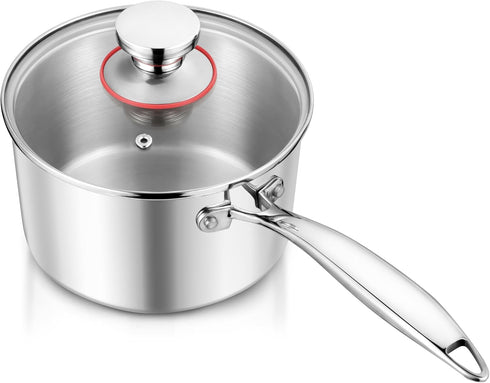 E-far 2-Quart Tri-Ply Saucepan, Stainless Steel with Glass Lid, Non Toxic, Oven & Dishwasher Safe