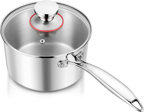 E-far 2-Quart Tri-Ply Saucepan, Stainless Steel with Glass Lid, Non Toxic, Oven & Dishwasher Safe