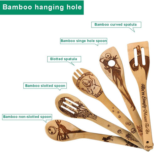Halloween Idea Wooden Spoons Set, 5 Piece Burned Utensil Spoon Set for Housewarming Wedding Present