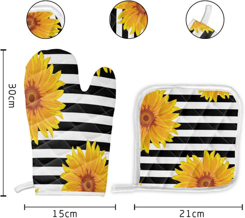 Set of Oven Mitt and Pot Holder, Sunflowers Oven Gloves, Heat Resistance Non-Slip for Kitchen BBQ Cooking