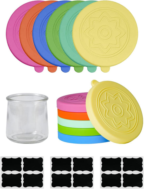 12 Pack Silicone Oui Yogurt Jar Lids with 12 Labels, Food-Grade Lids