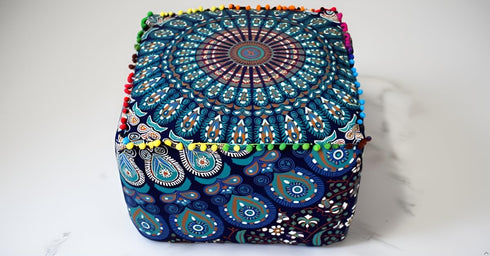CRAFT KALA Indian Square Patchwork Traditional Pouf Cover Indian Living Room Pom