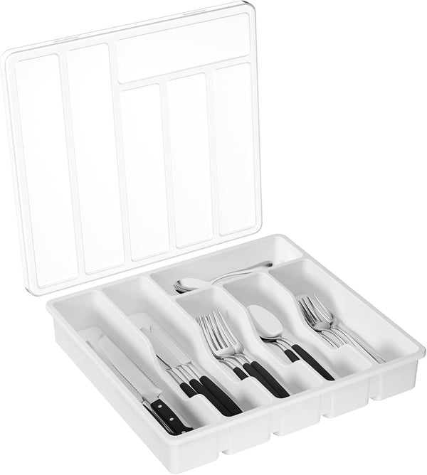Lifewit Silverware Organizer with Lid, Covered Utensil Tray for Kitchen Drawer and Countertop, 6 Compartments, White