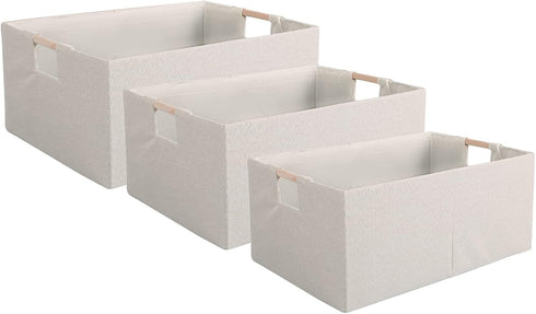 Fabric Storage Bin Box, Foldable Cotton Linen Basket with Wooden Handles, Large Rectangular Laundry Organizer.