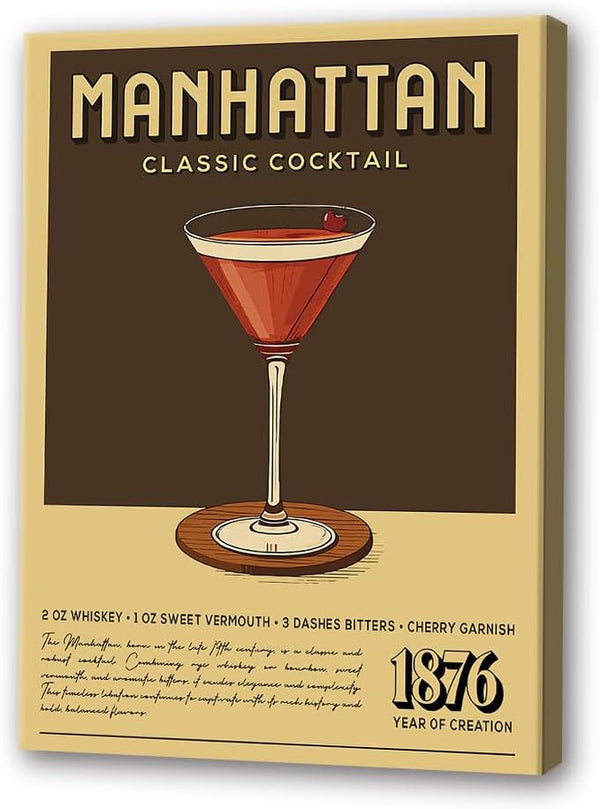 Pcasntvenrs Vintage Manhattan Cocktail Poster Retro Wall art Decor Canvas Print for Kitchen