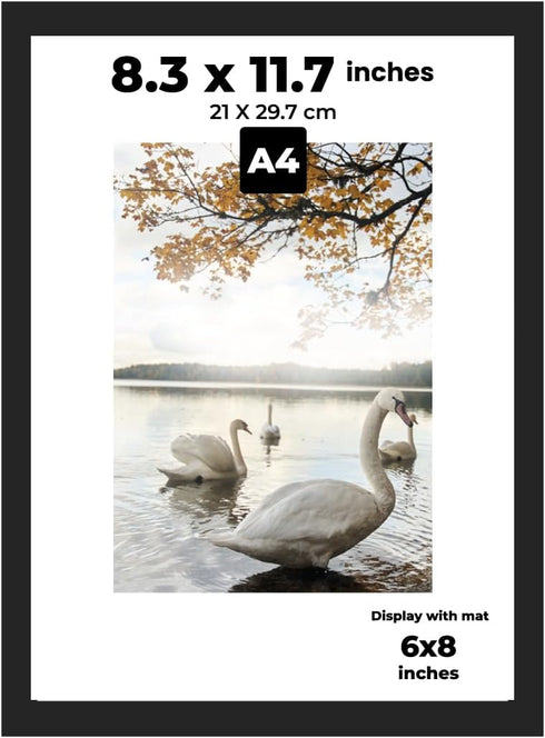 A4 Black Frame, Display 6x8 Picture with Mat or 8.27x11.69 Inch Without Mat