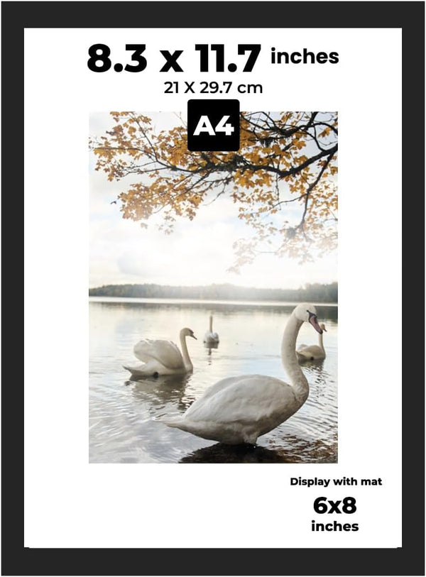 A4 Black Frame, Display 6x8 Picture with Mat or 8.27x11.69 Inch Without Mat