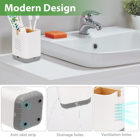 Boperzi Toothbrush and Toothpaste Holder - Bamboo Divider Bathroom Countertop Organizer for Electric Toothbrush Storage