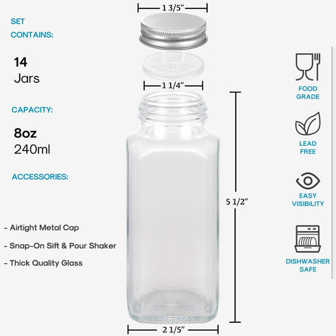 AOZITA 14 Pcs Glass Spice Jars with Labels, 8oz Empty Square Bottles, Shaker Lids, Airtight Caps