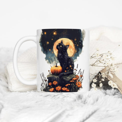 Mystical Black Cat Full Moon Coffee Mug, Witchy Halloween Cup, Spooky Fall Aesthetic, 11oz