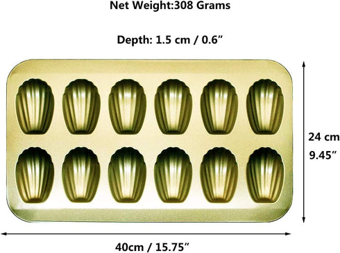 Heavy Duty Nonstick Madeleine Pan 12-Cup Baking Cake Mold Tray (Golden)