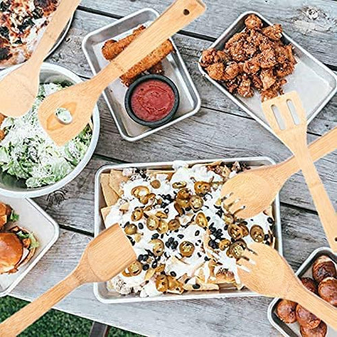 Huji Bamboo Wooden Spoons Set - Wooden Spatula Spoon for Cooking - Nonstick Kitchen Utensils