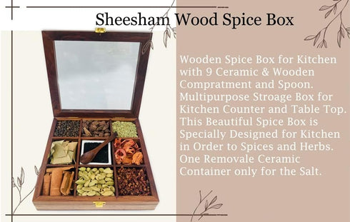 9 Countertop Premium Wooden Spice Box with Glass Lid Compartment Masala Organizer for Kitchen Storage