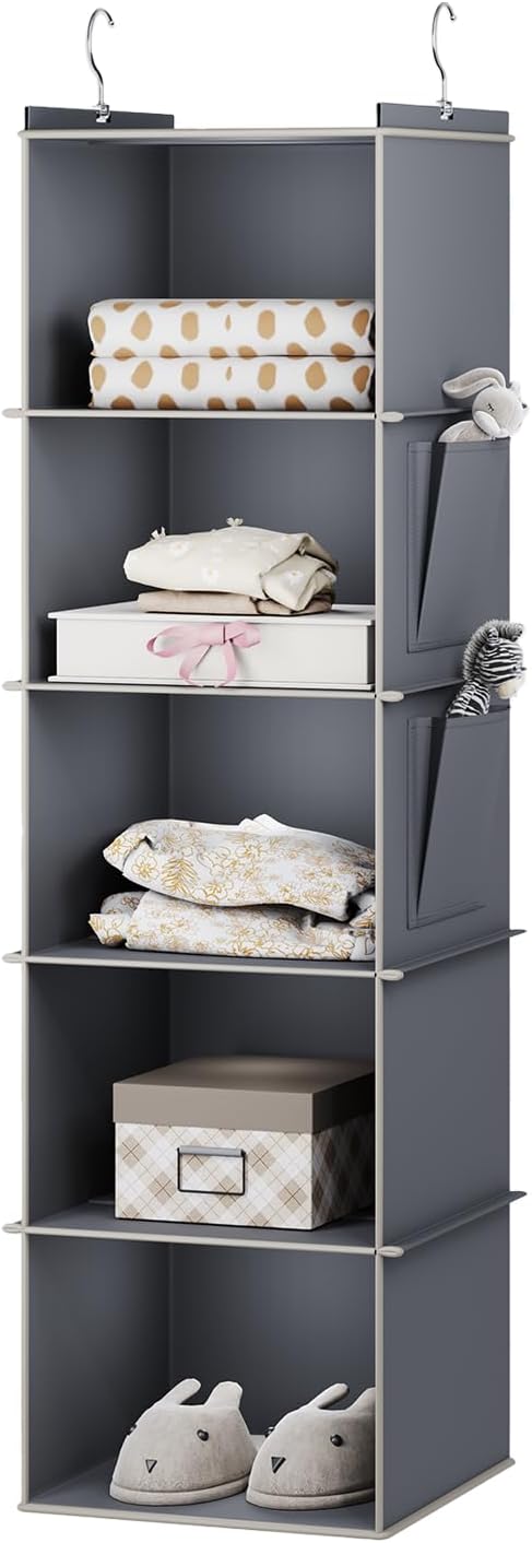 Hanging Closet Organizer, 5-Shelf Closet Hanging Storage Shelves in Grey