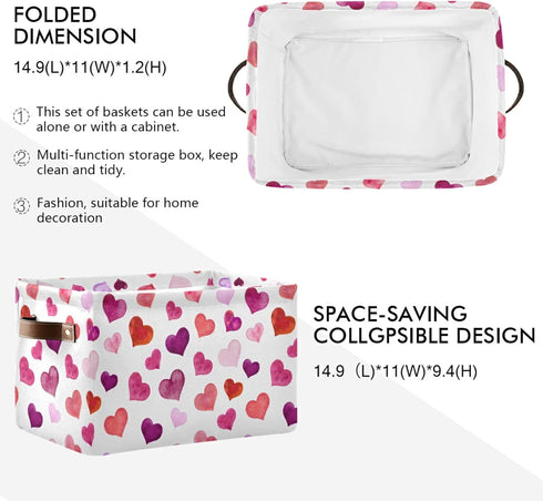 senya Valentines Storage Basket, Large Foldable Storage Basket with Handles, Pink Love Hearts Fabric Organizer Bag for