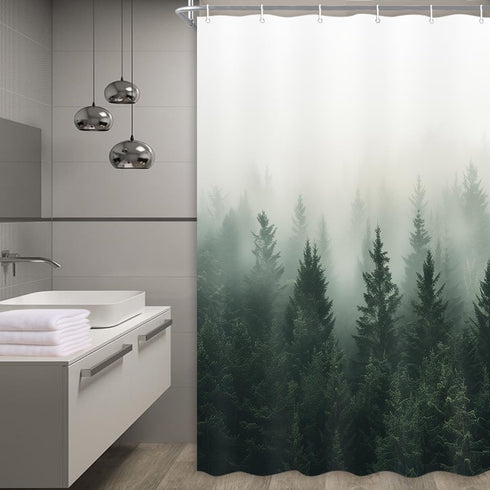 Green Misty Forest Shower Curtain, Nature Shower Curtain Set with Pine Tree Jungle Mountain Rustic Scenery for Bathroom