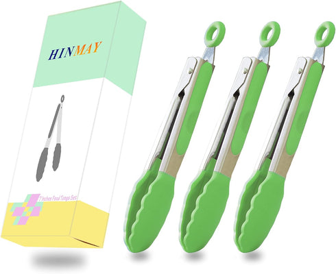 Mini Tongs with Silicone Tips, 7 Inches Silicone Cooking Tongs, Set of 3 in Green