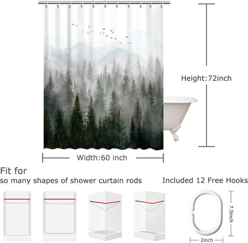 RosieLily Mountain Shower Curtain, Misty Forest Tree Foggy Design Art for Bathroom with Hooks (60 inch Waterproof)