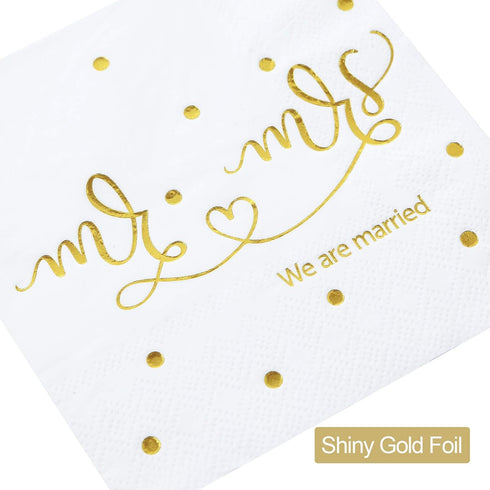 Gexolenu Mr & Mrs Wedding Cocktail Napkins, Gold Foil Disposable Paper Napkins for Wedding Shower Party Decorations,
