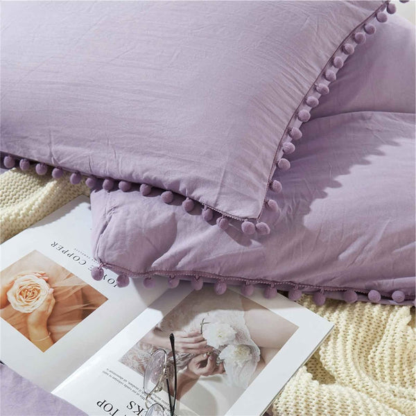 Lavender Standard Size Pillow Shams Set of 2 - Boho Pom Fringe Pillowcases, 20x26 Inch Light Purple Pillowshams