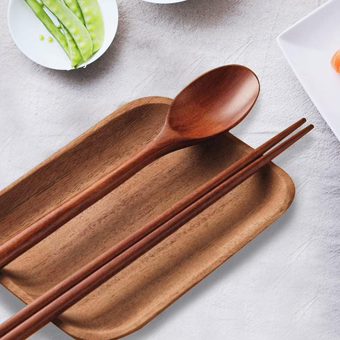 Ecloud Shop Wooden Chopsticks Spoon Set - Korean Dinnerware Reusable Long Handle Spoons for Home Kitchen (4 Sets)