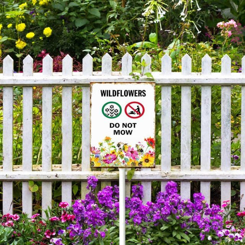 Wildflowers Do Not Mow Metal Yard Sign (7x8.8) with Stake for Lawn Garden Farm Decor, No Mow Lawn Sign