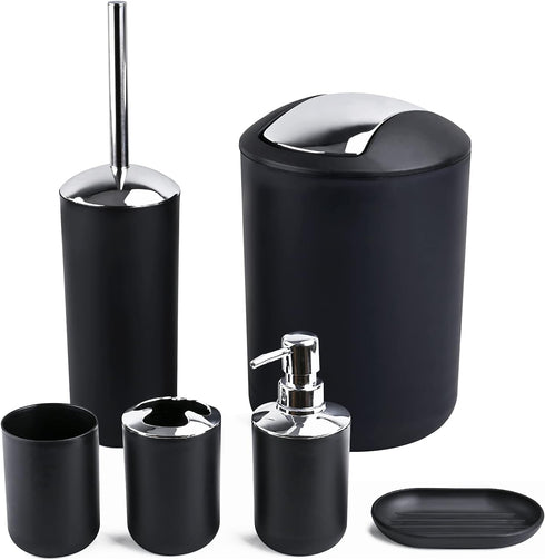 Papillon 6-Piece Bathroom Accessories Set - Toothbrush Holder, Soap Dispenser, Toilet Brush, Trash Can (Black)