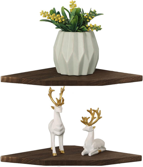 Set 2, (Brown-10 inch) Joiishom Wood Corner Wall Shelves of Solid Wood Corner Floating Shelves for Wall, Round End Wall