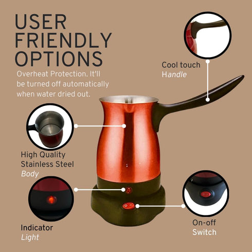 Electric Turkish Coffee Maker, Premium Quality Stainless Steel, Travel Size, Fast Boil for Arabic & Greek Coffee