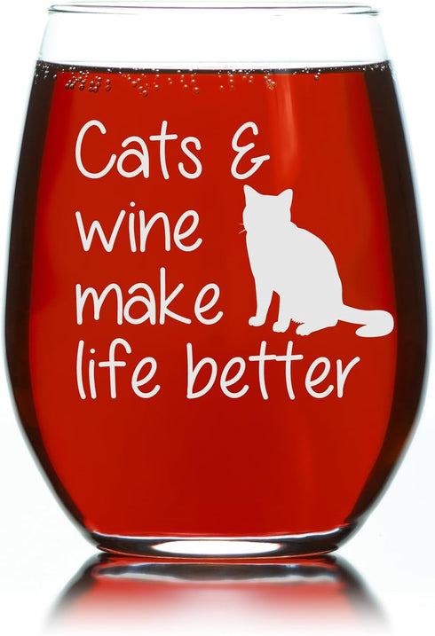 Cats and Wine Make Life Better Stemless Wine Glass - 17 oz - Funny Gift for Cat Lovers