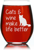 Cats and Wine Make Life Better Stemless Wine Glass - 17 oz - Funny Gift for Cat Lovers