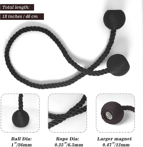 Hion Magnetic Curtain Tiebacks - Black 2pcs, Decorative Holdbacks & Hooks for Home & Office